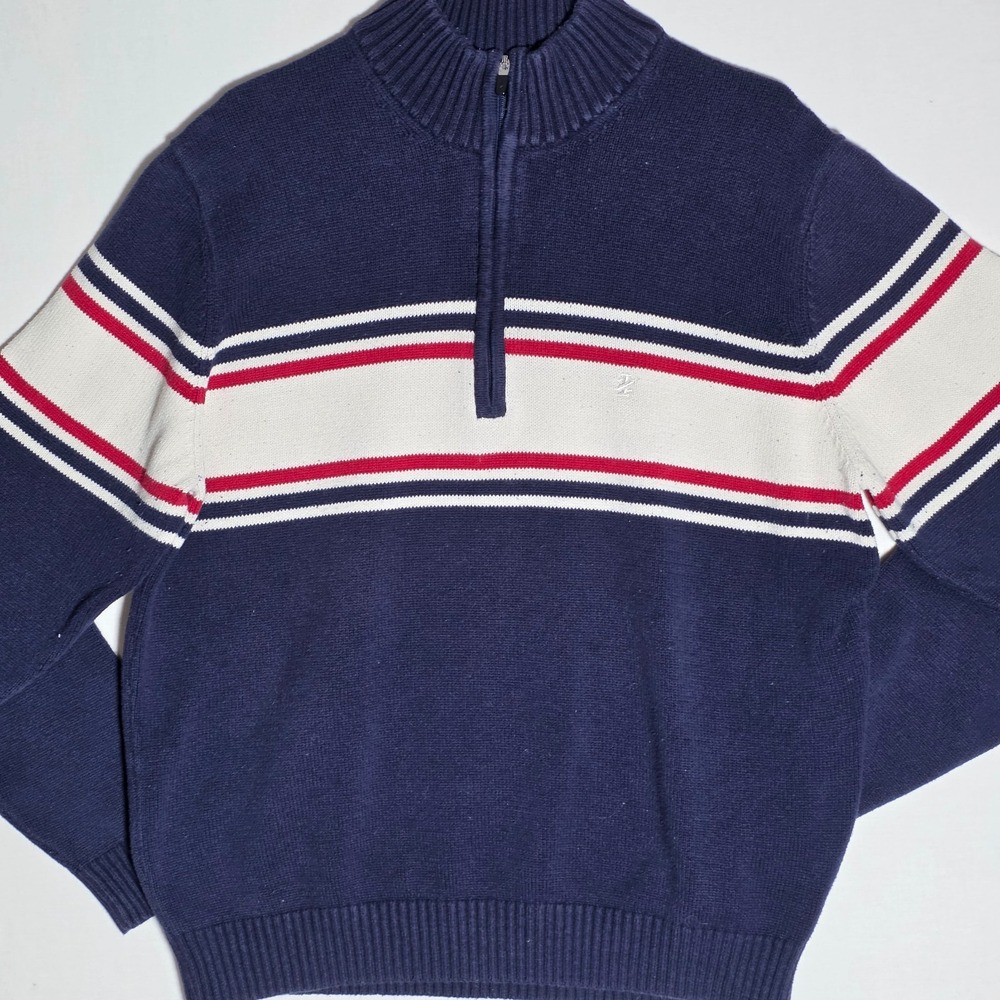 IZOD Men's XL Quarter Zip Sweater Navy Blue Knit White Red Chest Stripe Pullover